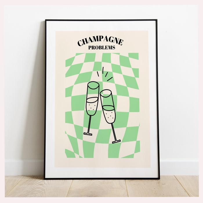 Champagne Problems,Swiftie Gift,Funky checkered wavy Poster,Retro Print , Retro,Disco Ball Decor,70's Preppy poster ,Minimalist, green y2k