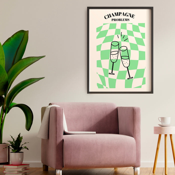 Champagne Problems,Swiftie Gift,Funky checkered wavy Poster,Retro Print , Retro,Disco Ball Decor,70's Preppy poster ,Minimalist, green y2k