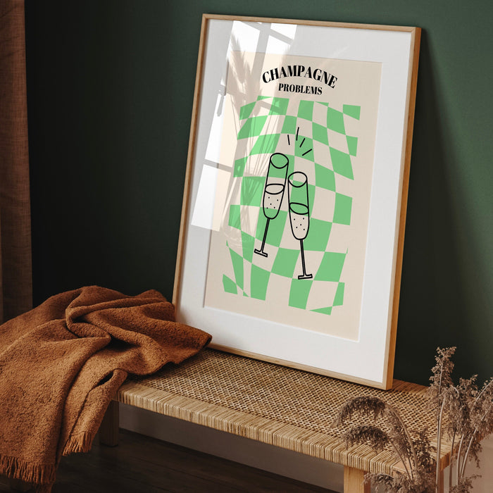 Champagne Problems,Swiftie Gift,Funky checkered wavy Poster,Retro Print , Retro,Disco Ball Decor,70's Preppy poster ,Minimalist, green y2k