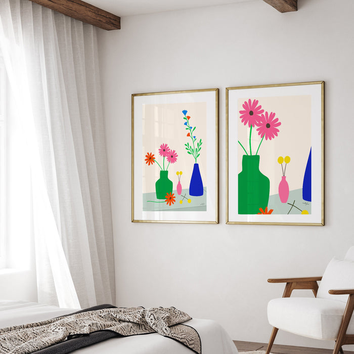 Set of 2 Botanical Digital Prints, Minimalist Colorful Flower Vase Art Print, Plant Art Print, Botanical Poster