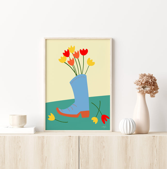 Cowboy Cowgirl Boot Flower Vase Wall Art Print, Floral Cowboy Boot illustration Western Wall Art, Country Home Decor, Rustic Wall Art,Tulips