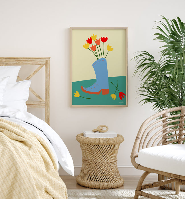 Cowboy Cowgirl Boot Flower Vase Wall Art Print, Floral Cowboy Boot illustration Western Wall Art, Country Home Decor, Rustic Wall Art,Tulips