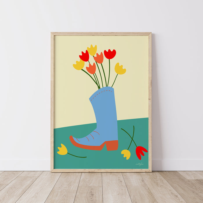 Cowboy Cowgirl Boot Flower Vase Wall Art Print, Floral Cowboy Boot illustration Western Wall Art, Country Home Decor, Rustic Wall Art,Tulips