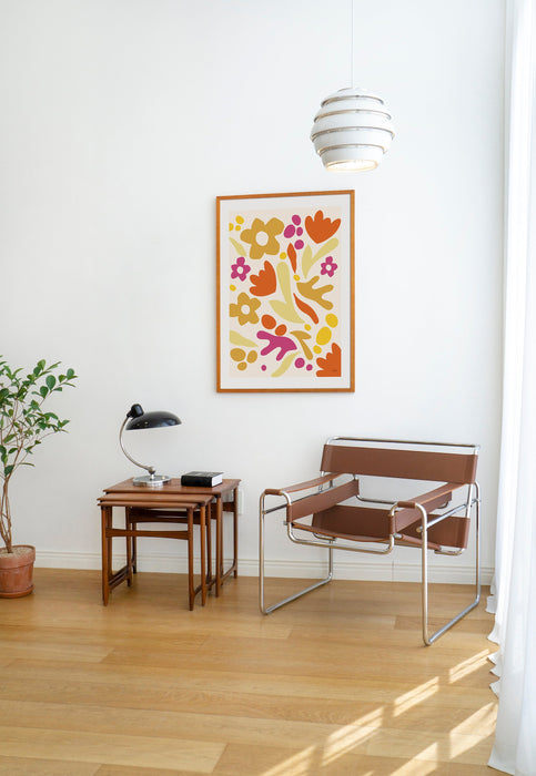 Orange Flower Market Framed Print, 70s Style Poster, 60s Flower Print, Pink Orange Decor, Boho Room Wall Art, Orange Boho Poster