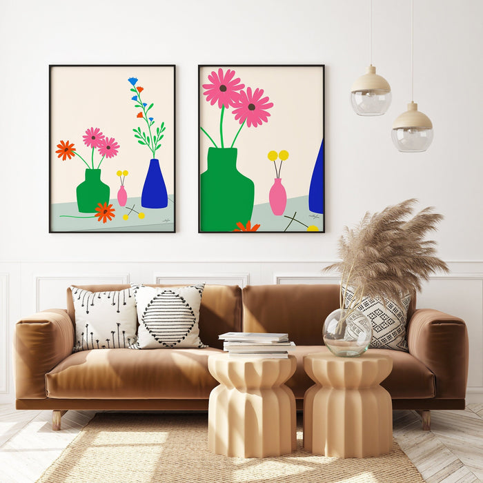 Set of 2 Botanical Digital Prints, Minimalist Colorful Flower Vase Art Print, Plant Art Print, Botanical Poster