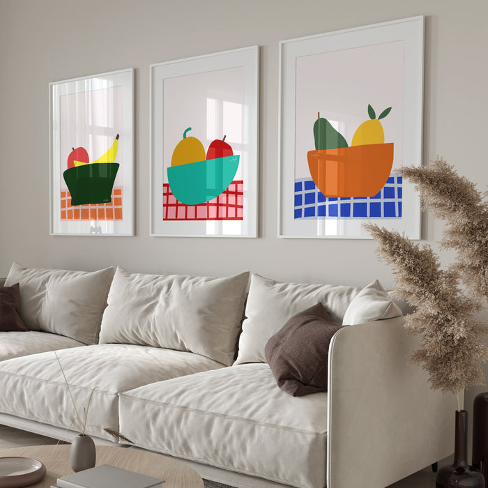 Set of 3 Fruit Art Prints, Orange Pink Blue Poster Kit, Girls Room Nursery Prints, Kitchen Artwork Set of Prints, Collage Wall Set