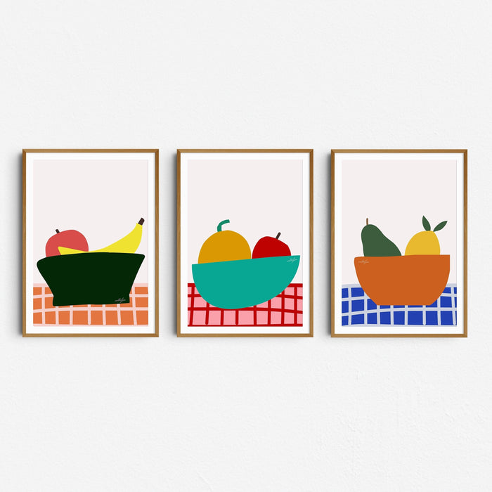 Set of 3 Fruit Art Prints, Orange Pink Blue Poster Kit, Girls Room Nursery Prints, Kitchen Artwork Set of Prints, Collage Wall Set