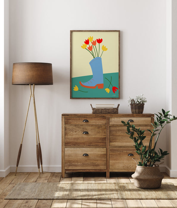 Cowboy Cowgirl Boot Flower Vase Wall Art Print, Floral Cowboy Boot illustration Western Wall Art, Country Home Decor, Rustic Wall Art,Tulips