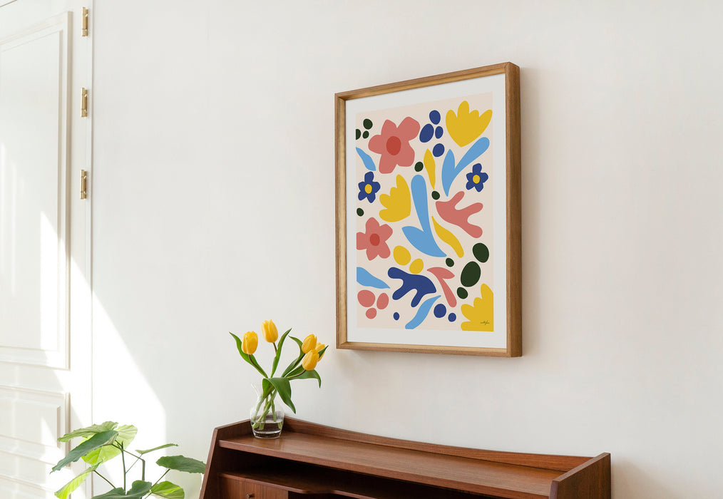 Orange Blue Pink Abstract Flower Print Art Poster, Retro Flower Print Poster, Floral Print, Orange Blue Pink Decor, Flower Poster