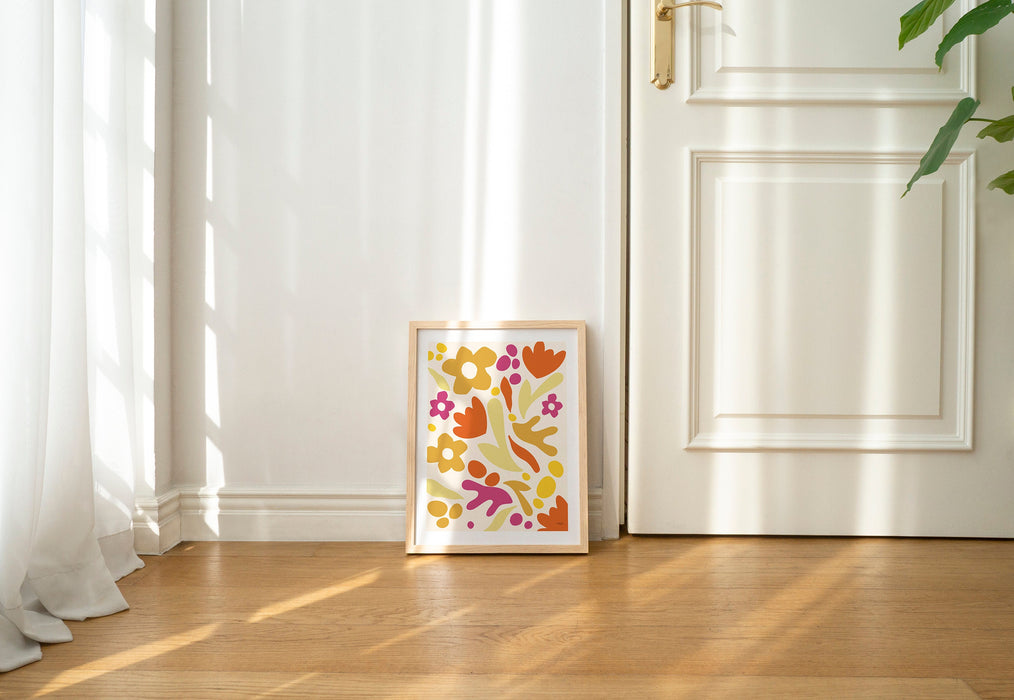 Orange Flower Market Framed Print, 70s Style Poster, 60s Flower Print, Pink Orange Decor, Boho Room Wall Art, Orange Boho Poster