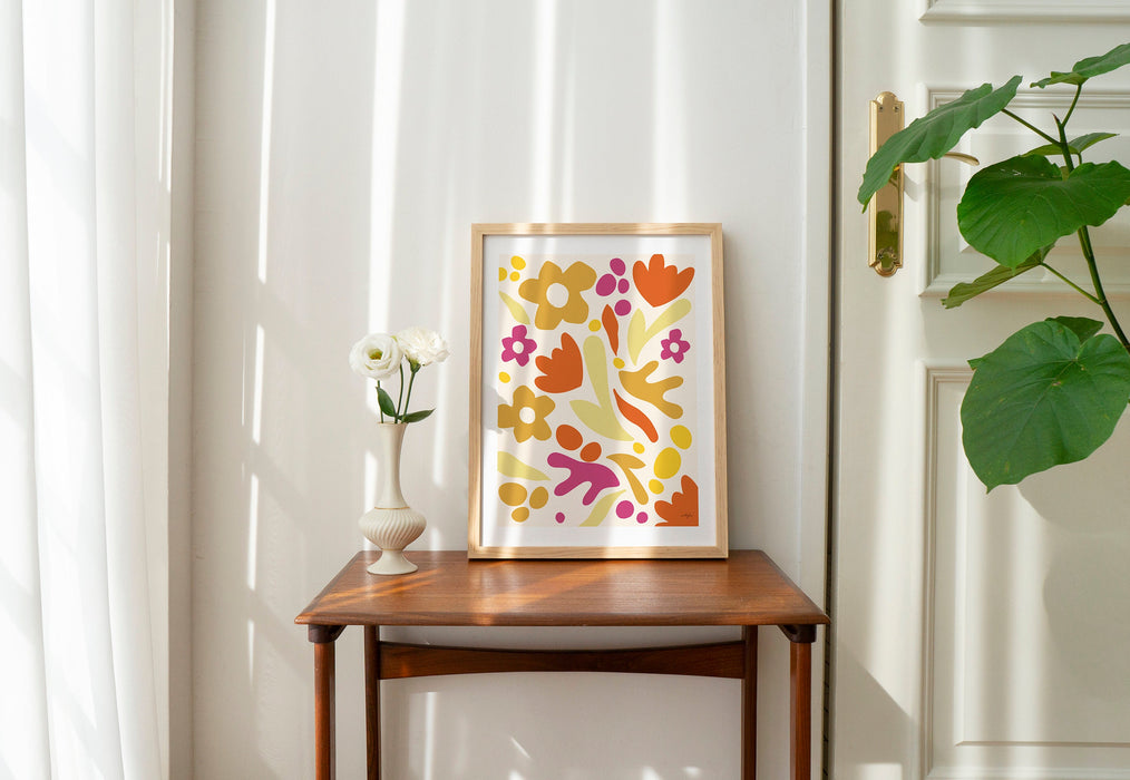 Orange Flower Market Framed Print, 70s Style Poster, 60s Flower Print, Pink Orange Decor, Boho Room Wall Art, Orange Boho Poster