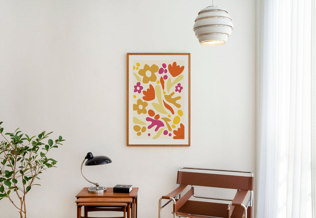 Orange Flower Market Framed Print, 70s Style Poster, 60s Flower Print, Pink Orange Decor, Boho Room Wall Art, Orange Boho Poster