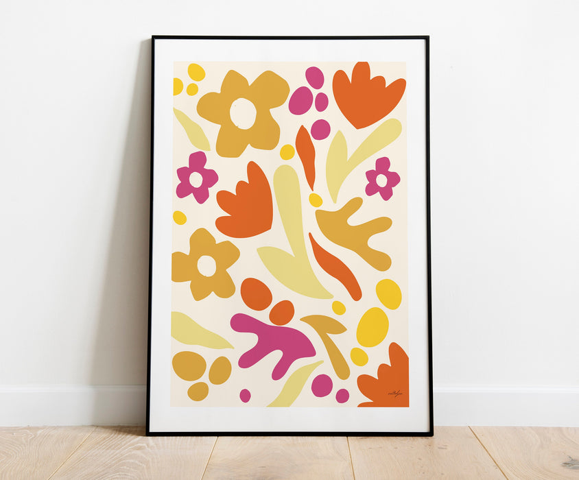 Orange Flower Market Framed Print, 70s Style Poster, 60s Flower Print, Pink Orange Decor, Boho Room Wall Art, Orange Boho Poster