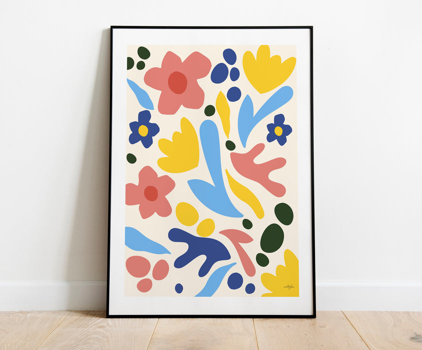 Orange Blue Pink Abstract Flower Print Art Poster, Retro Flower Print Poster, Floral Print, Orange Blue Pink Decor, Flower Poster