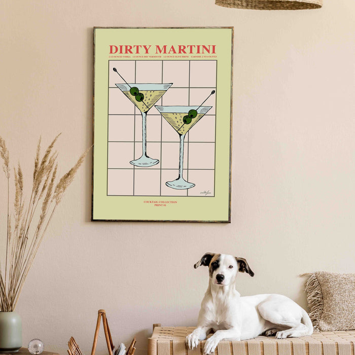 Vintage Dirty Martini Cocktail Print, Digital Download, Kitchen Decor, Boozy Gift, Cocktail Art, Retro Poster, Mid Century Modern Art