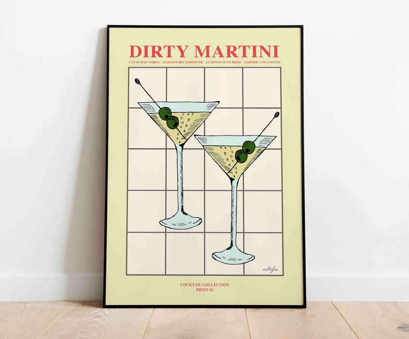 Vintage Dirty Martini Cocktail Print, Digital Download, Kitchen Decor, Boozy Gift, Cocktail Art, Retro Poster, Mid Century Modern Art