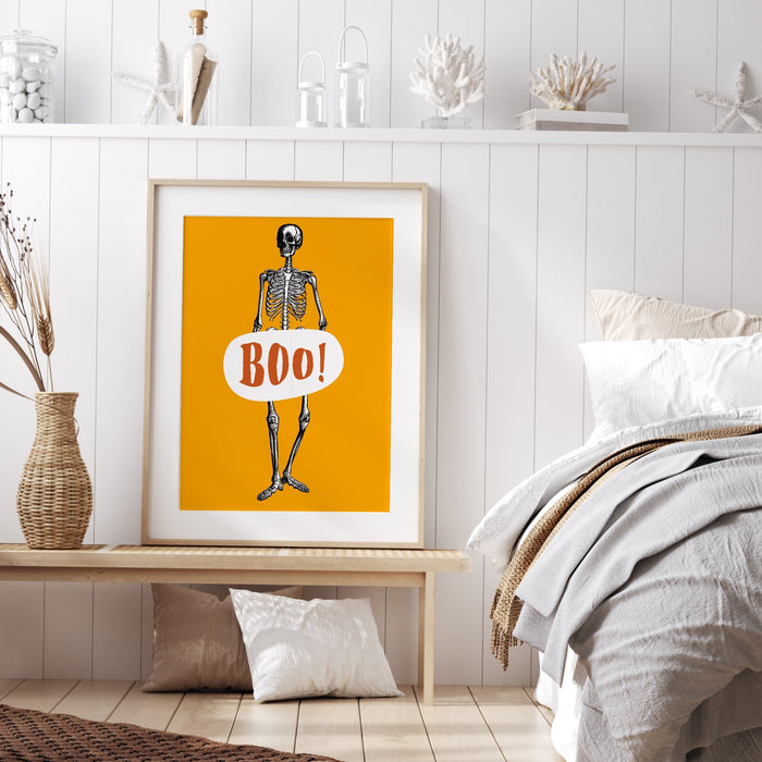 Boo skeleton funny halloween art orange spooky halloween decor large halloween printable wall art digital download poster fun art prints