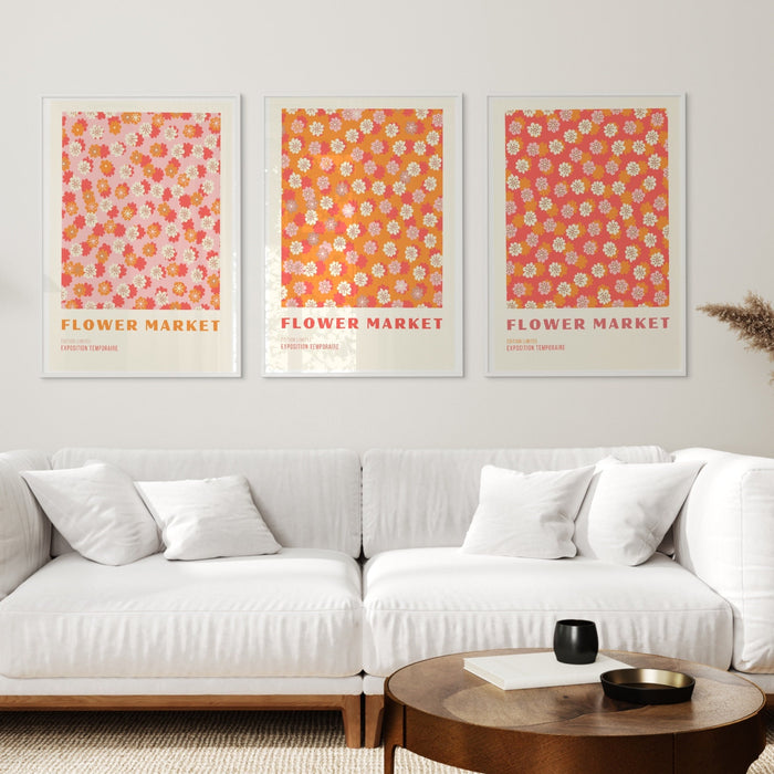 Orange Flower Market Digital Download Print, 70s Style Poster, 60s Flower Print, Pink Orange Decor, 3 Prints, Printable Art, Dork Wall Art