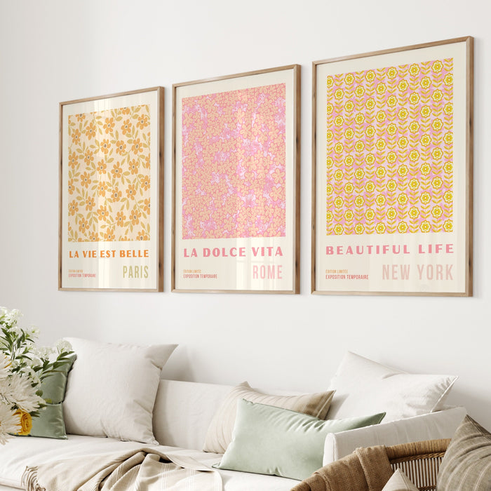 Gallery Wall Art Set Of 3 Prints, Pink Orange Flower Market, Digital Download, 70s Style Poster, 60s Flower Print, Orange Pink Decor,