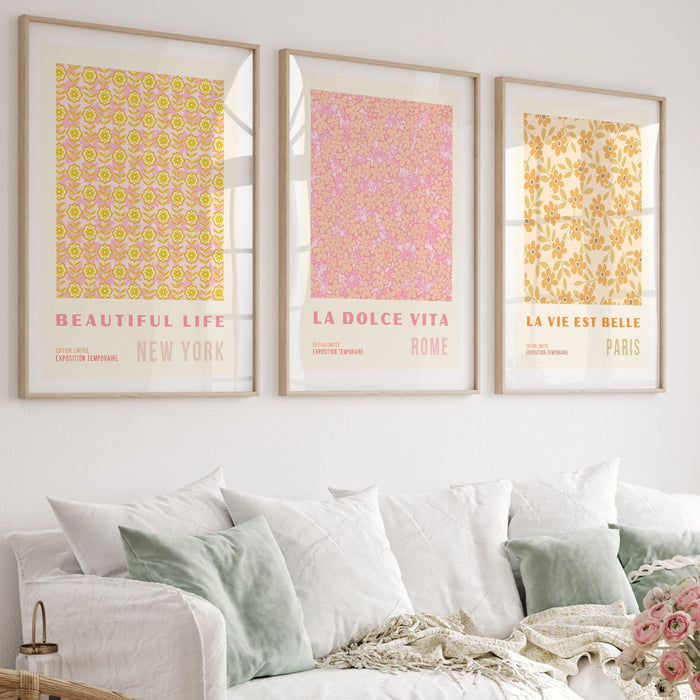 Gallery Wall Art Set Of 3 Prints, Pink Orange Flower Market, Digital Download, 70s Style Poster, 60s Flower Print, Orange Pink Decor,