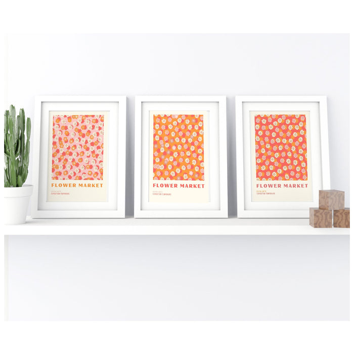 Orange Flower Market Digital Download Print, 70s Style Poster, 60s Flower Print, Pink Orange Decor, 3 Prints, Printable Art, Dork Wall Art