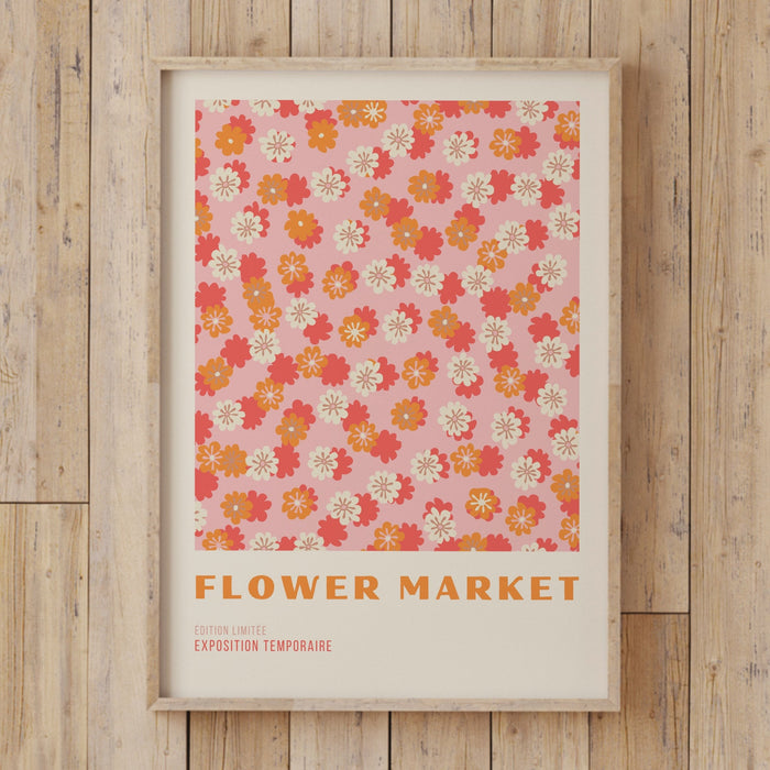 Orange Flower Market Digital Download Print, 70s Style Poster, 60s Flower Print, Pink Orange Decor, 3 Prints, Printable Art, Dork Wall Art