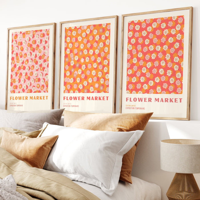 Orange Flower Market Digital Download Print, 70s Style Poster, 60s Flower Print, Pink Orange Decor, 3 Prints, Printable Art, Dork Wall Art