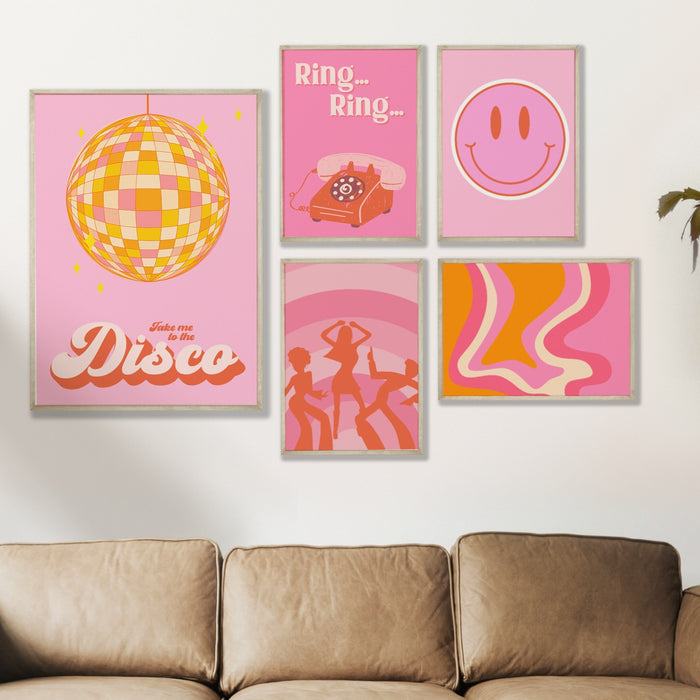 Pink preppy wall art pack of 5, 70's style poster, Digital print, Preppy art, Preppy poster print, Preppy room decor, College room decor