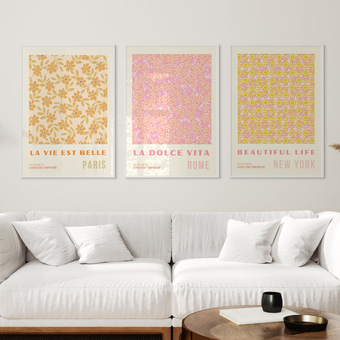 Gallery Wall Art Set Of 3 Prints, Pink Orange Flower Market, Digital Download, 70s Style Poster, 60s Flower Print, Orange Pink Decor,