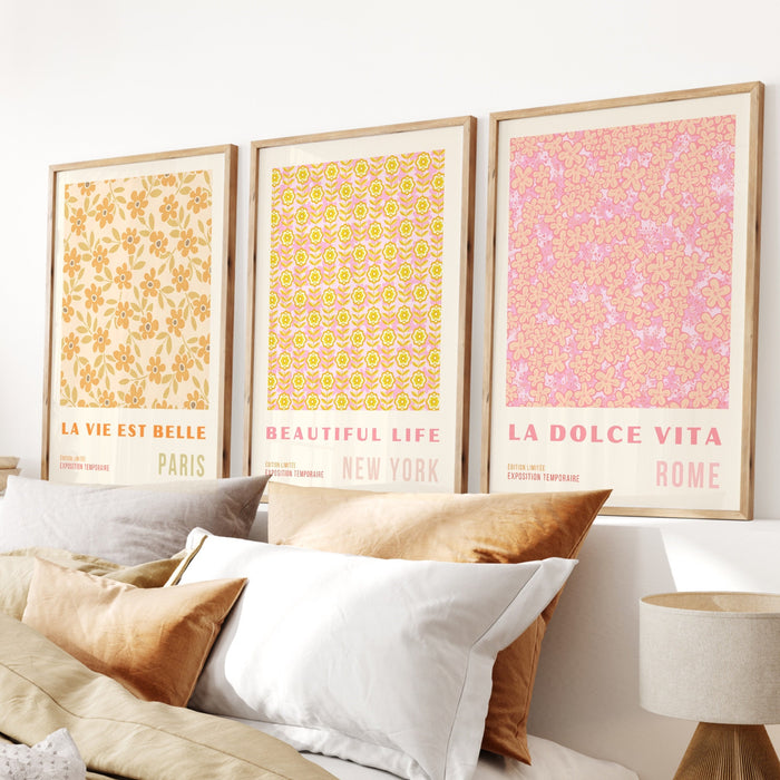 Gallery Wall Art Set Of 3 Prints, Pink Orange Flower Market, Digital Download, 70s Style Poster, 60s Flower Print, Orange Pink Decor,