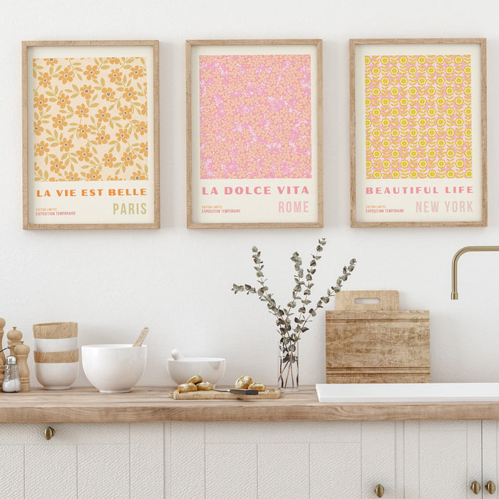 Gallery Wall Art Set Of 3 Prints, Pink Orange Flower Market, Digital Download, 70s Style Poster, 60s Flower Print, Orange Pink Decor,