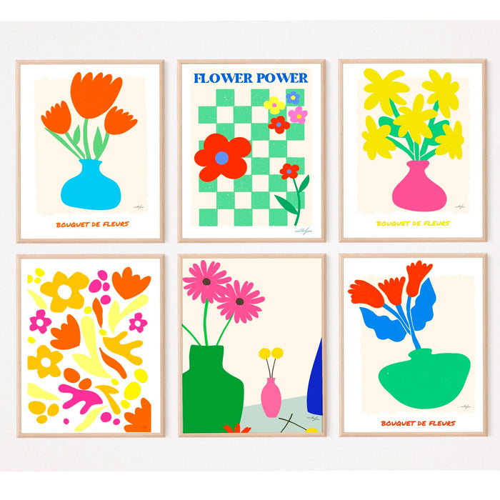 Trendy Retro Set of 6 Flower Market Prints Digital Art Download | Colorful Gallery Wall Flower Exhibition Print Preppy poster, printable