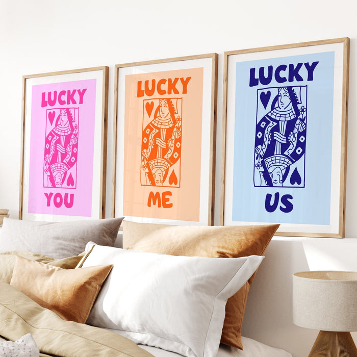 Retro Trendy Aesthetic Wall Art, Wall Print, Digital Download Print, Wall Decor, Large Printable Art, Queen of Hearts, Lucky You, Set of 3