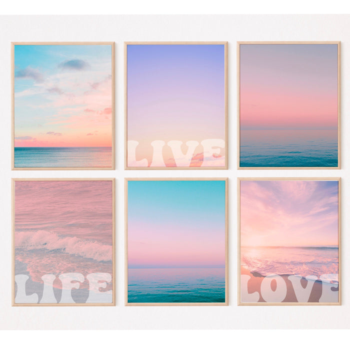 Pink and Orange Wall Art  Digital Download, 70s 60s Style Poster Print, Orange Pink Decor, Dorm Wall Decor, Printable set x 6, Ocean Blush
