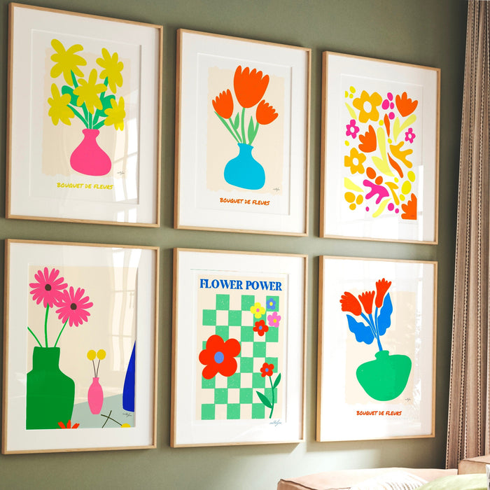 Trendy Retro Set of 6 Flower Market Prints Digital Art Download | Colorful Gallery Wall Flower Exhibition Print Preppy poster, printable