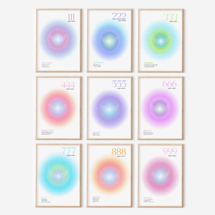 ANGEL NUMBER SET of 9, Trendy Wall Art, Spiritual Poster, Angel Number Print, Room Decor Aesthetic Minimalist, Digital Download, Aura Poster