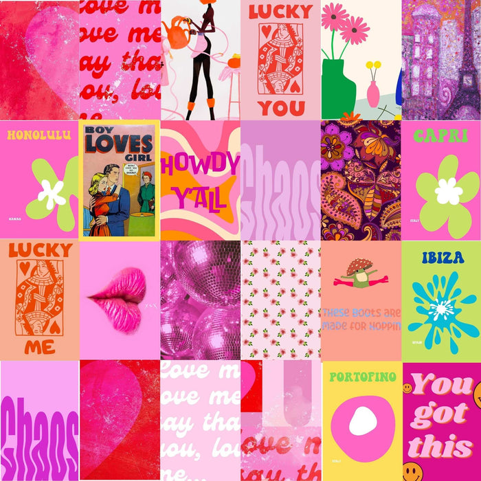50 Pcs 4x6" Pink Preppy Aesthetic Wall Collage Kit, Preppy Room Decor Aesthetic, Pink Aesthetic Wall Decor, Digital Downloads, Retro Trendy
