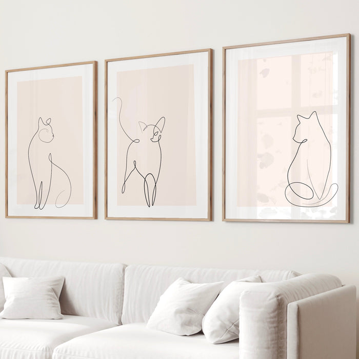 Pink Cat Wall Art Set Of 3,Feline line art poster,Blush Pink Print, Pale Pink Wall Decor,Minimalist Wall Art,Pink Wall Art, Baby Pink art