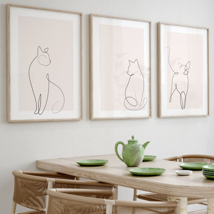 Neutral Wall Art Set Of 3,Boho Cat line art poster,Blush Pink Print, Pale Pink Wall Decor,Minimalist Wall Art,Pink Wall Art, Cute at Print