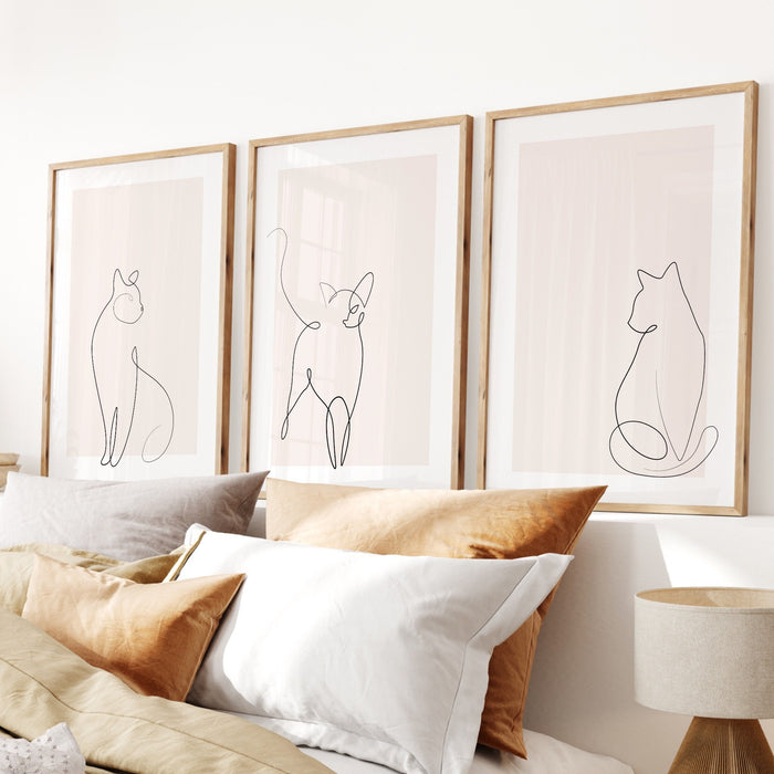 Neutral Wall Art Set Of 3,Boho Cat line art poster,Blush Pink Print, Pale Pink Wall Decor,Minimalist Wall Art,Pink Wall Art, Cute at Print