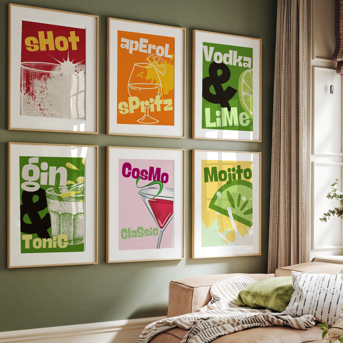 Cocktail Print Set of 6| Colorful Bar Cart Gallery Wall Set| DIGITAL DOWNLOAD| Alcohol Prints| Bar Printable Art| Drinks Wall Decor, funky
