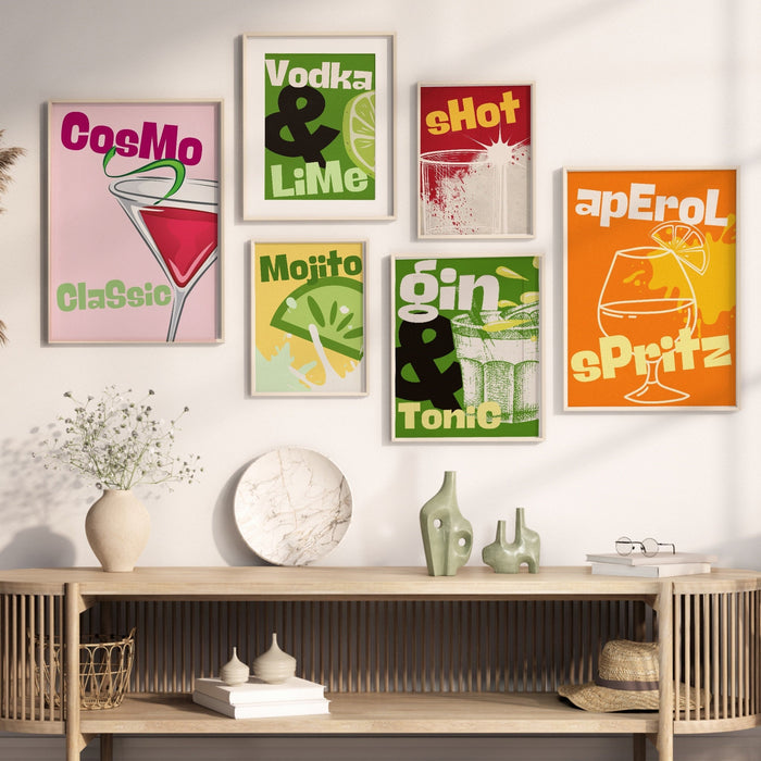 Cocktail Print Set of 6| Colorful Bar Cart Gallery Wall Set| DIGITAL DOWNLOAD| Alcohol Prints| Bar Printable Art| Drinks Wall Decor, funky