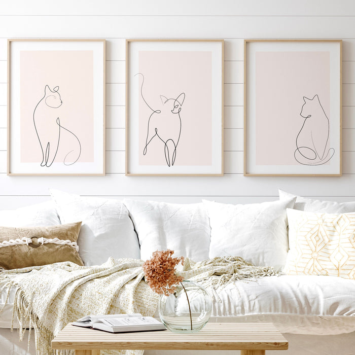 Pink Cat Wall Art Set Of 3,Feline line art poster,Blush Pink Print, Pale Pink Wall Decor,Minimalist Wall Art,Pink Wall Art, Baby Pink art