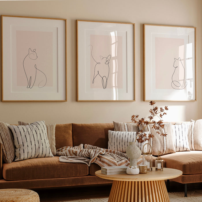 Neutral Wall Art Set Of 3,Boho Cat line art poster,Blush Pink Print, Pale Pink Wall Decor,Minimalist Wall Art,Pink Wall Art, Cute at Print