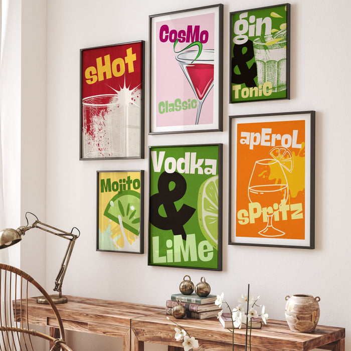 Cocktail Print Set of 6| Colorful Bar Cart Gallery Wall Set| DIGITAL DOWNLOAD| Alcohol Prints| Bar Printable Art| Drinks Wall Decor, funky