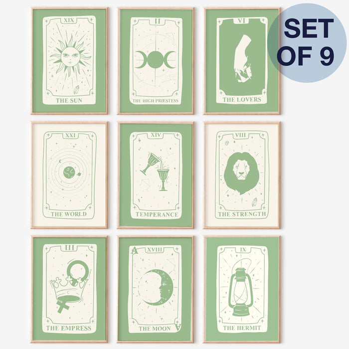 Tarot Deck, Trendy Zodiac Set Of 9, Retro Trendy Aesthetic Print, Sage Green Poster, Tarot Poster, Typographic Wall Art, Digital Download,