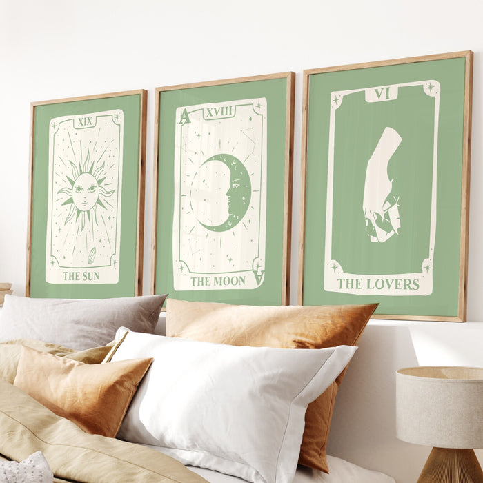Tarot Deck, Trendy Zodiac Set Of 9, Retro Trendy Aesthetic Print, Sage Green Poster, Tarot Poster, Typographic Wall Art, Digital Download,