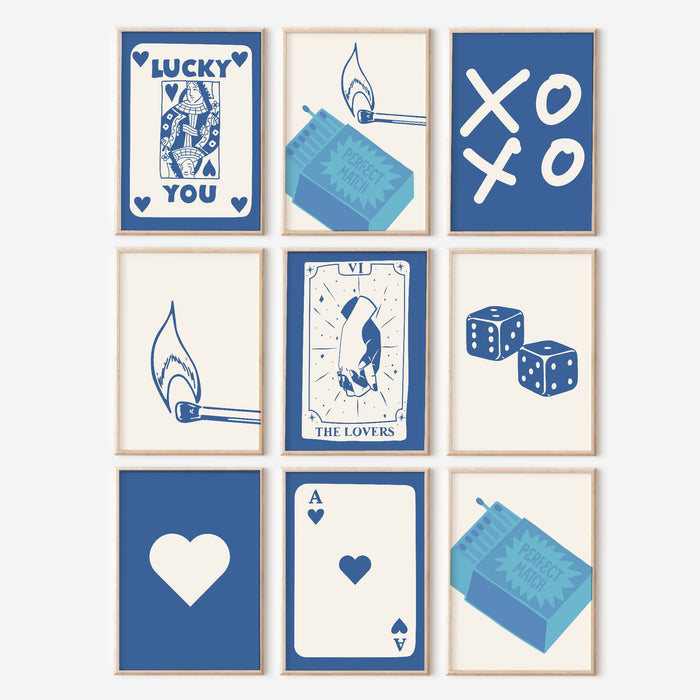 Trendy Retro Wall Art Set of 9,Retro Trendy Aesthetic Print,Lucky You Poster,Blue Print,Trendy Wall Art,Funny Art, Minimalist, Digital Art