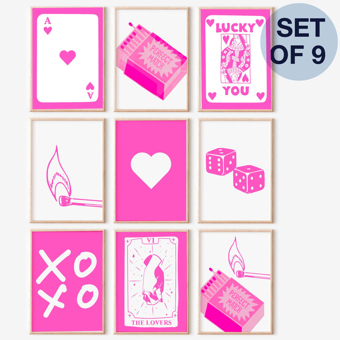 Trendy Retro Wall Art Set of 9,Retro Trendy Aesthetic Print,Lucky You Poster, Pink Print,Trendy Wall Art,Funny Art, Minimalist, Digital Art