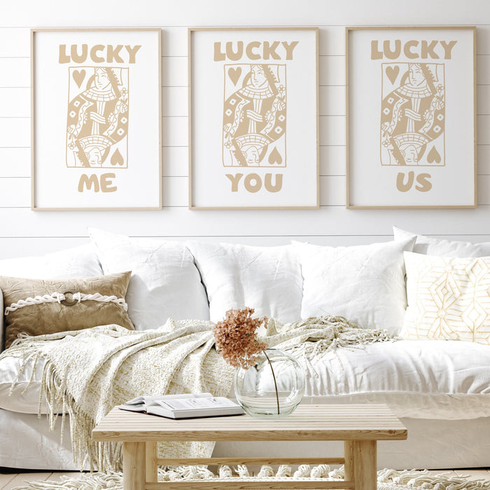 Trendy Retro Wall Art Set of 3,Retro Trendy Aesthetic Print,Lucky You Poster,Beige Print,Trendy Wall Art,Funny Art, Minimalist, Digital Art